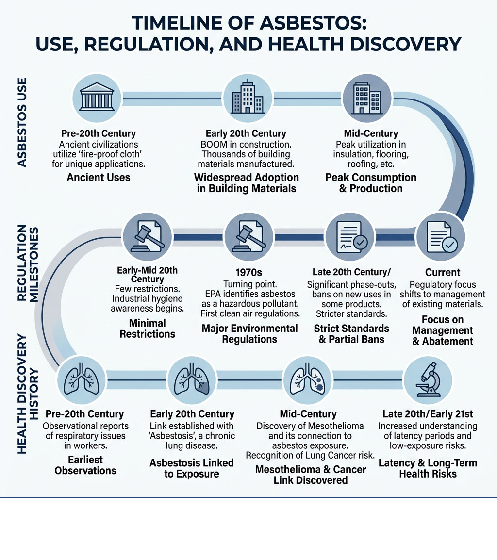 Timeline of asbestos use in construction, regulation milestones, and health discovery history - asbestos inspection and Timeline of asbestos use in construction, regulation milestones, and health discovery history - asbestos inspection and