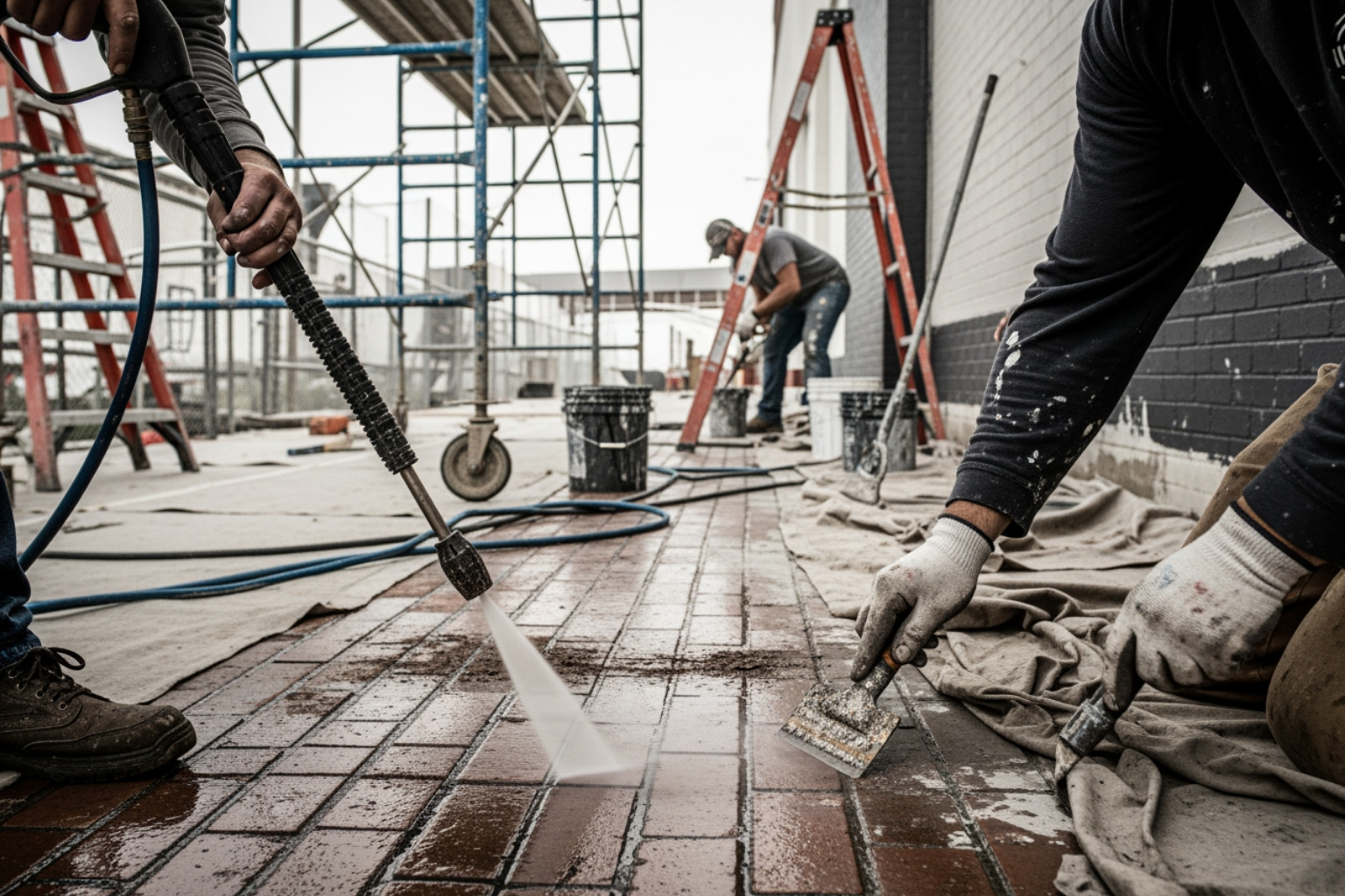 Painters preparing a commercial brick surface with professional equipment - Commercial Painting Carmel