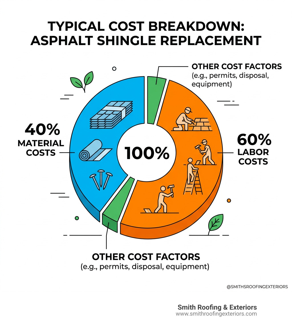 Breakdown of roofing material vs. labor costs for asphalt shingle replacement - asphalt shingle replacement cost infographic Breakdown of roofing material vs. labor costs for asphalt shingle replacement - asphalt shingle replacement cost infographic