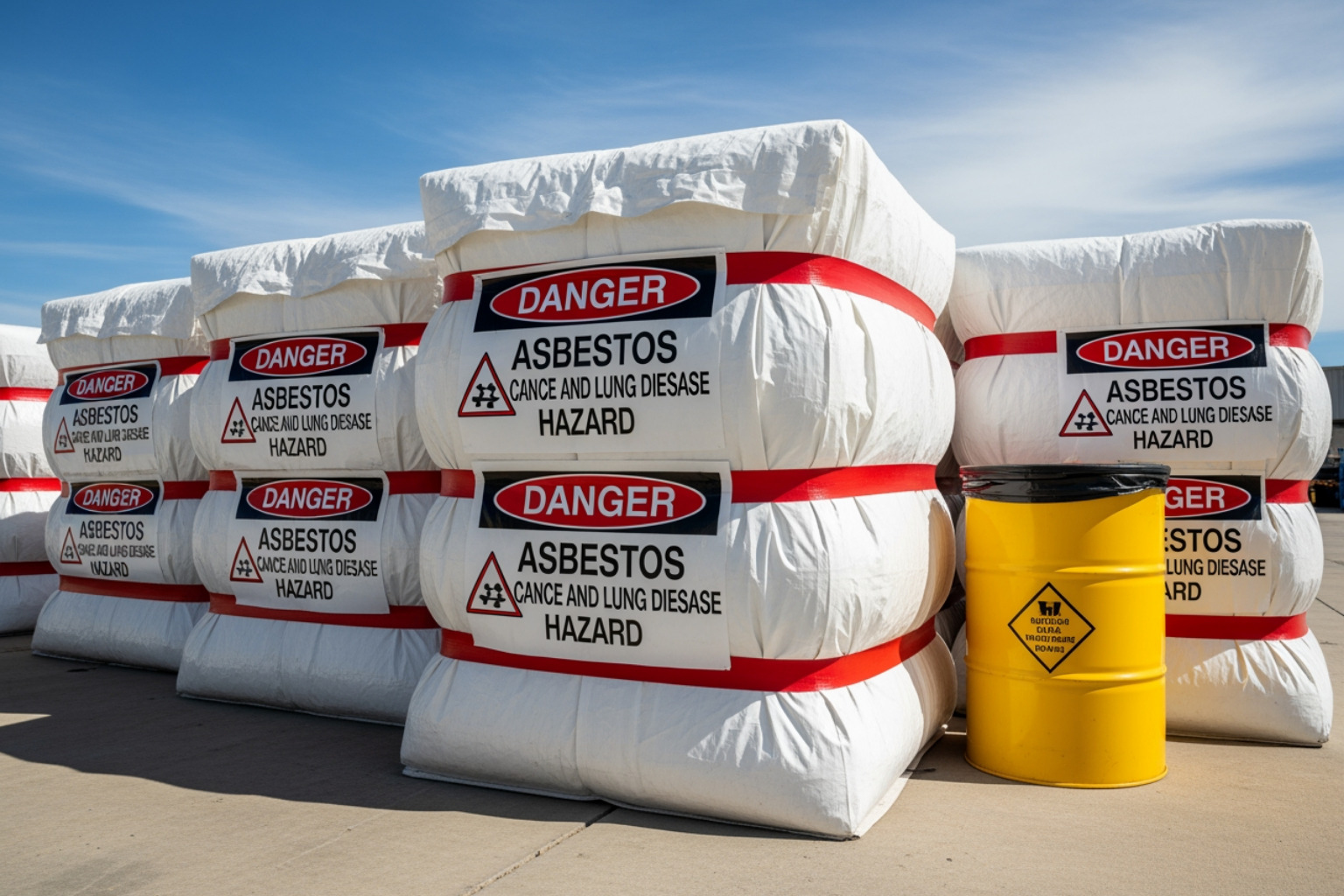 Sealed leak-tight asbestos waste containers labeled and ready for transport - asbestos removal new bedford