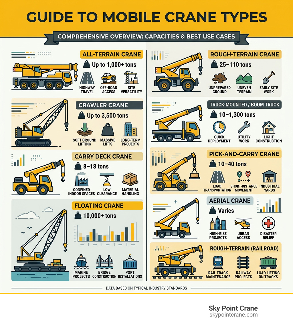 Infographic showing mobile cranes types with capacity ranges and best use cases - mobile cranes types infographic Infographic showing mobile cranes types with capacity ranges and best use cases - mobile cranes types infographic