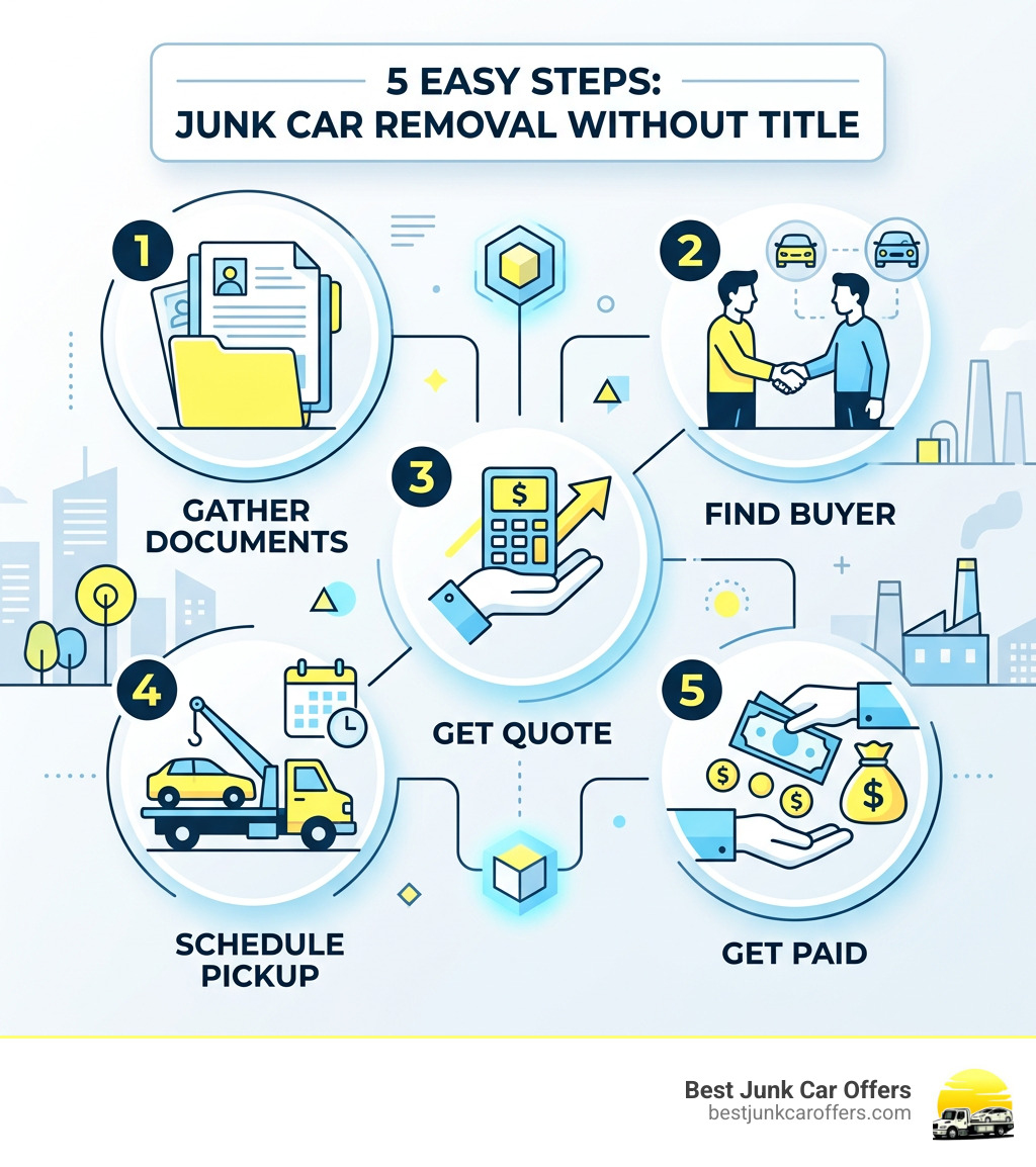 Steps for car removal without title: gather documents, find buyer, get quote, schedule pickup, get paid - car removal