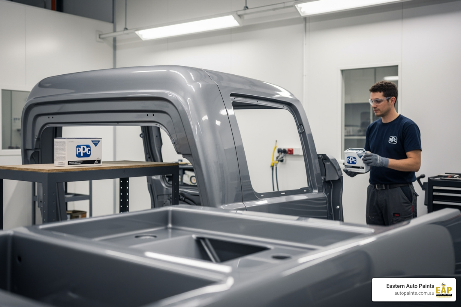 A technician holding a can of PPG Performance Enamel next to a freshly painted grey truck cab in a professional spray booth.