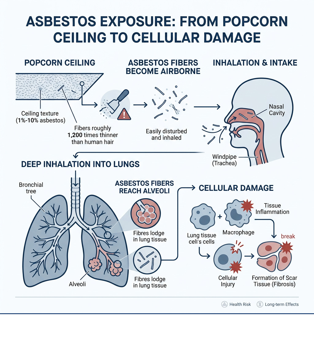 How asbestos fibers from popcorn ceilings enter the lungs and cause cellular damage - popcorn ceiling asbestos infographic 