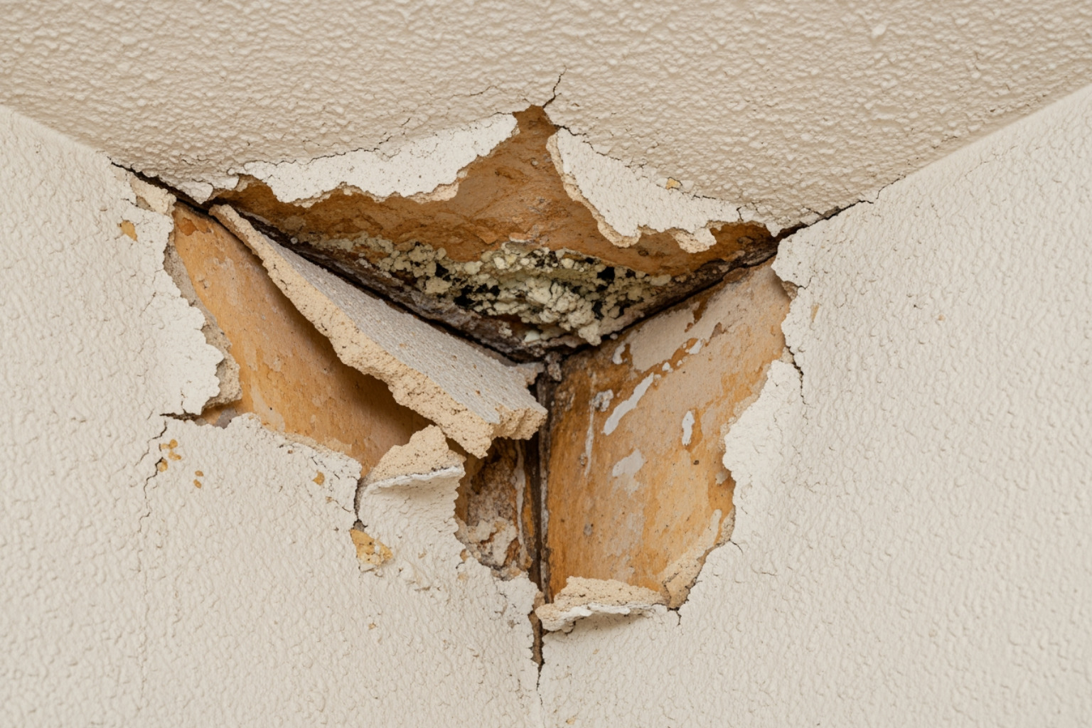 A crumbling popcorn ceiling corner showing signs of deterioration - popcorn ceiling asbestos