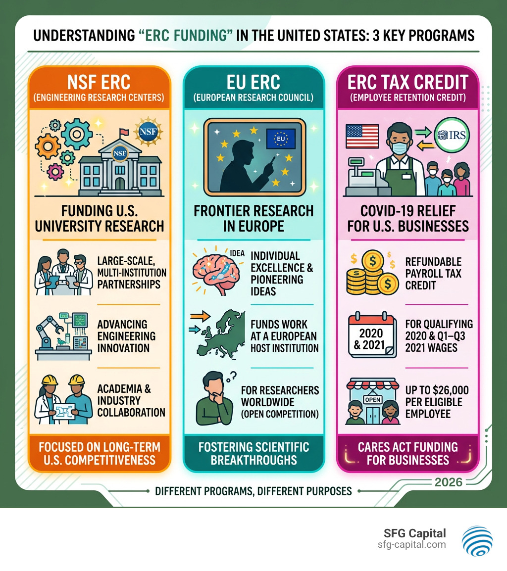 Infographic distinguishing NSF ERC grants, EU ERC grants, and the Employee Retention Credit tax program - erc funding United