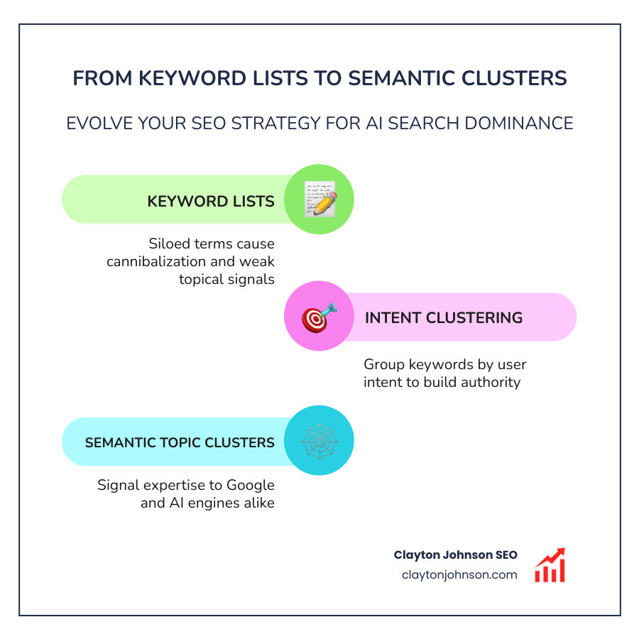 Infographic showing the transition from keyword lists to semantic topic clusters - ai driven seo tool infographic