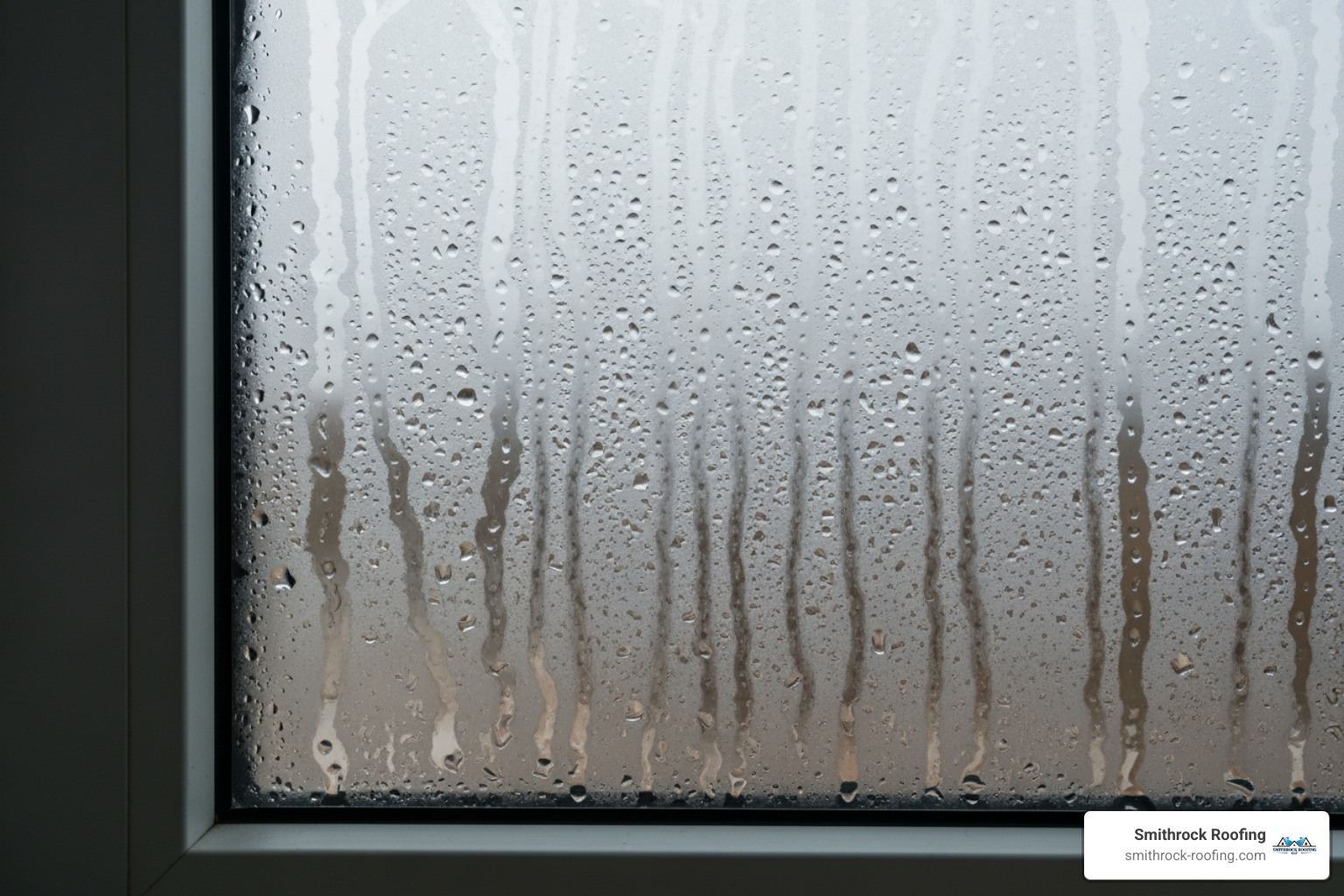 Close up of condensation and water droplets trapped between two panes of a vinyl window glass unit - vinyl window glass Close up of condensation and water droplets trapped between two panes of a vinyl window glass unit - vinyl window glass