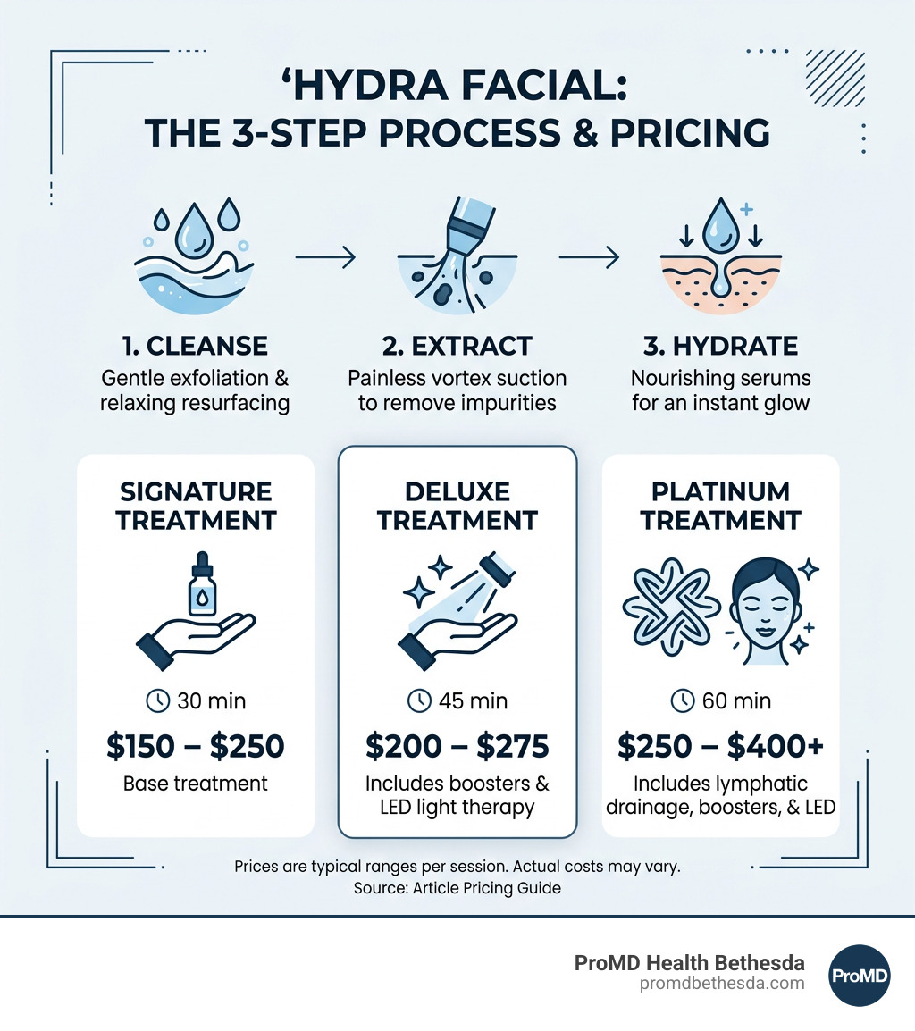 Infographic showing HydraFacial 3-step process: Cleanse, Extract, Hydrate with price ranges per tier - how much is a