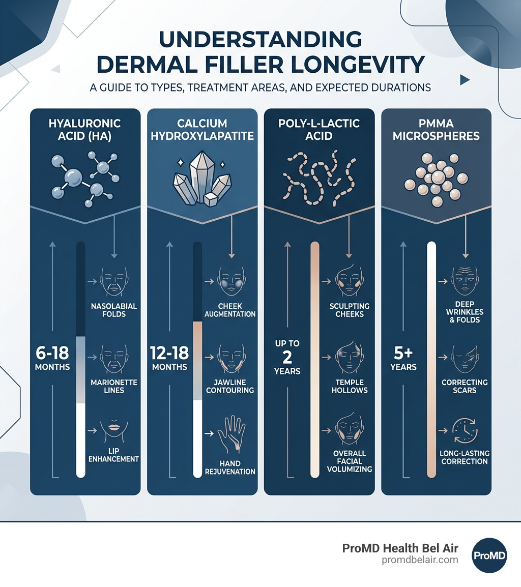 Infographic comparing dermal filler types, treatment areas, and expected longevity durations - how long fillers last Infographic comparing dermal filler types, treatment areas, and expected longevity durations - how long fillers last