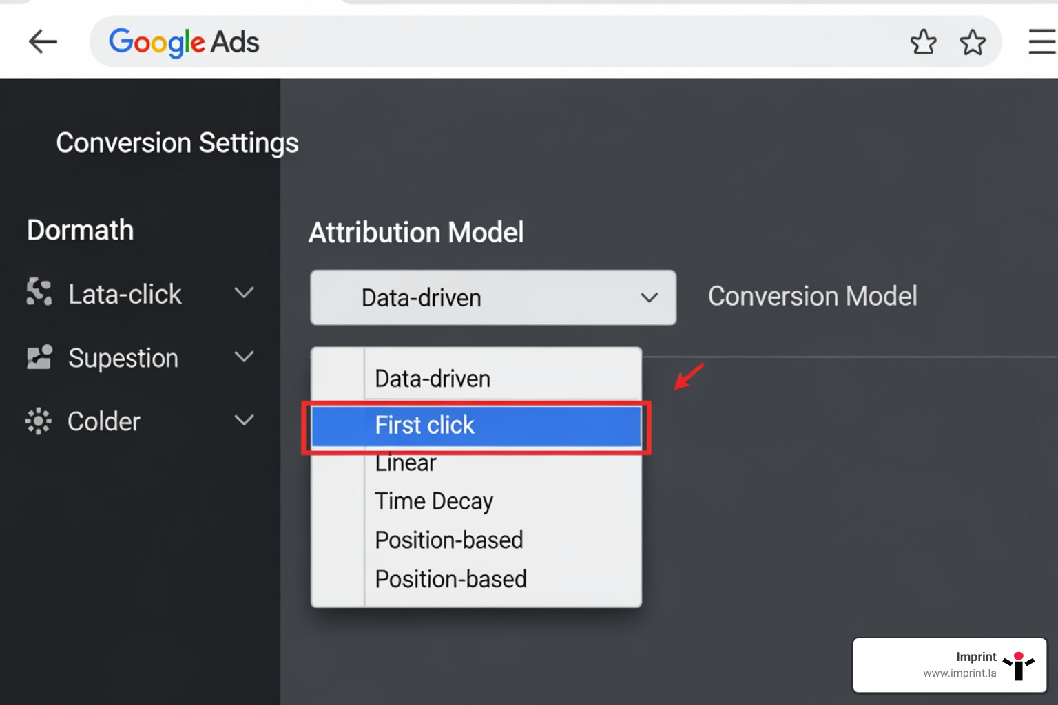 Google Ads conversion settings showing the attribution model dropdown menu - data driven google ads