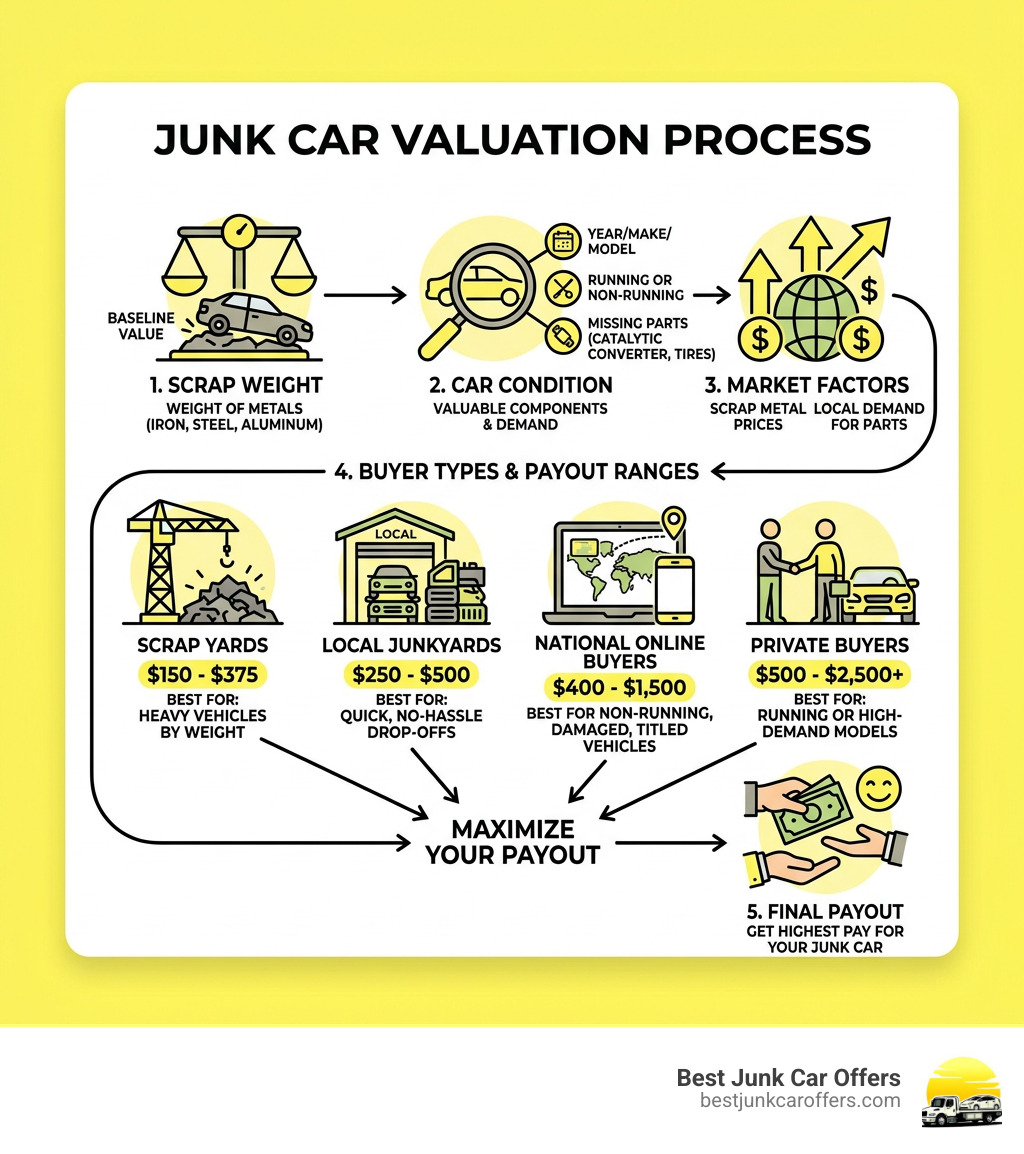 Junk car valuation process from scrap weight to final payout with buyer types and price ranges - highest pay for junk cars