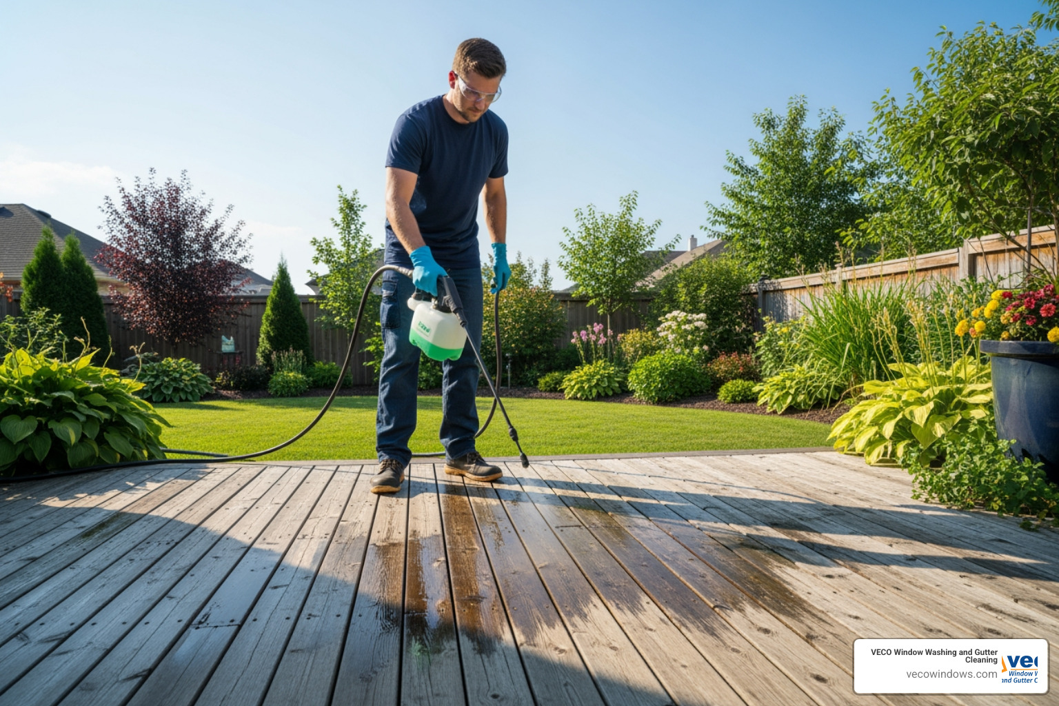 technician applying eco-friendly cleaning solution to a wooden deck - deck cleaning lake forest technician applying eco-friendly cleaning solution to a wooden deck - deck cleaning lake forest