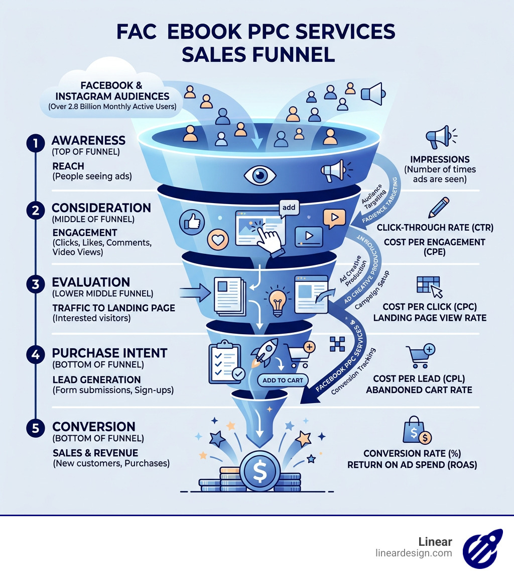 Facebook PPC services sales funnel from awareness to conversion with key stages and metrics - facebook ppc services