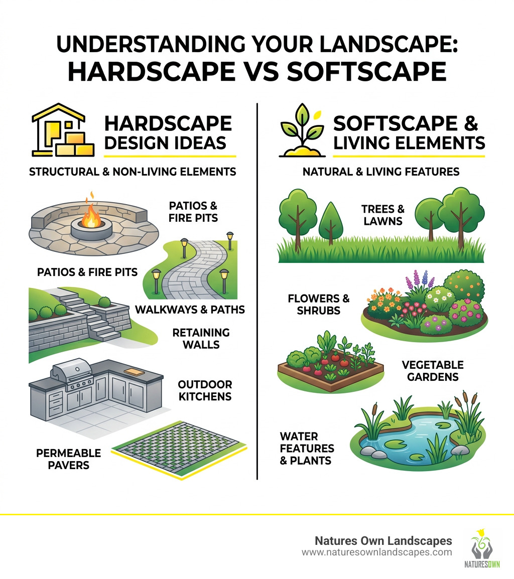 Hardscape vs softscape infographic showing structural elements like patios, walls, paths vs living elements - Hardscape Hardscape vs softscape infographic showing structural elements like patios, walls, paths vs living elements - Hardscape
