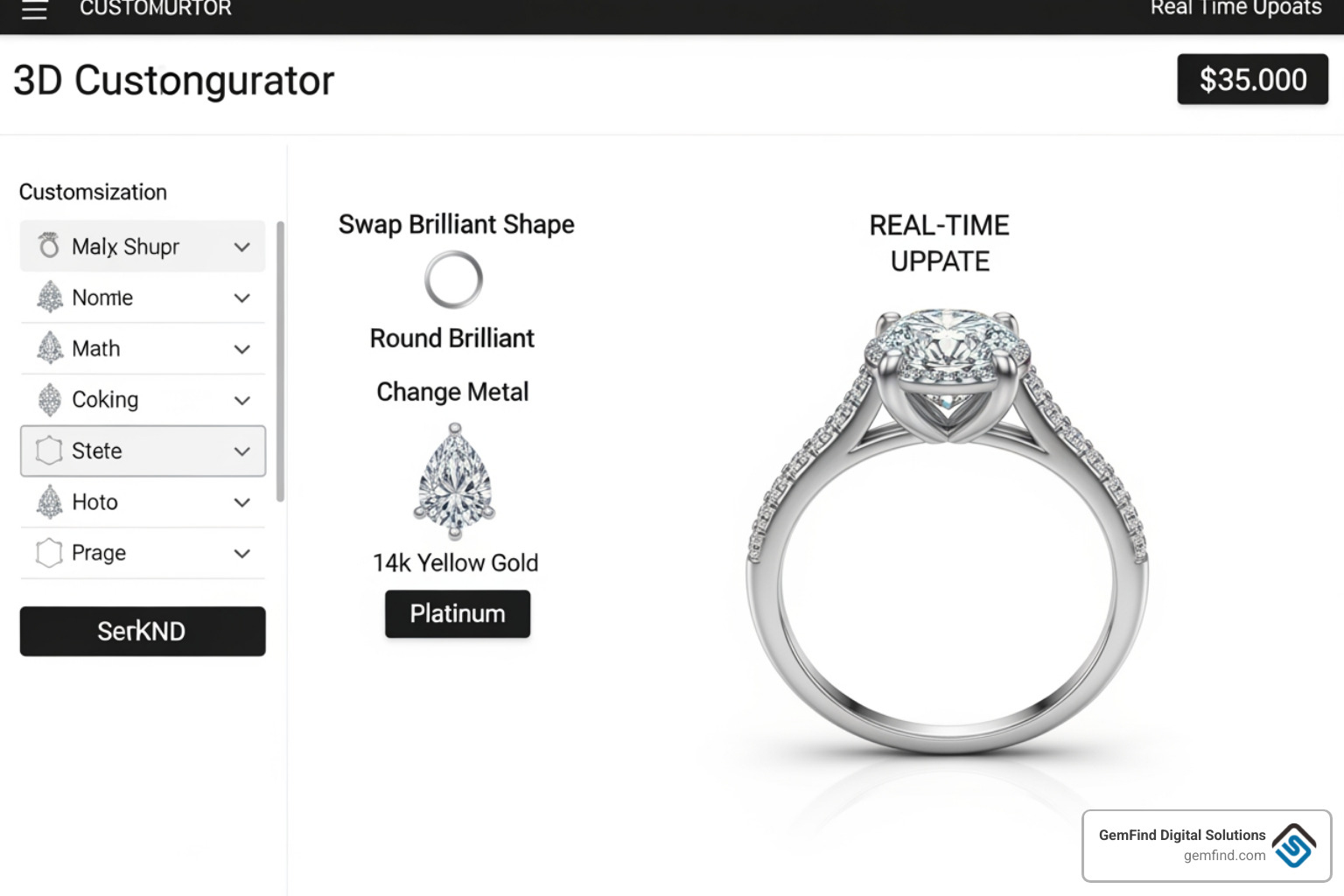 Interactive 3D ring configurator showing metal and stone customization - jewelry website development agency