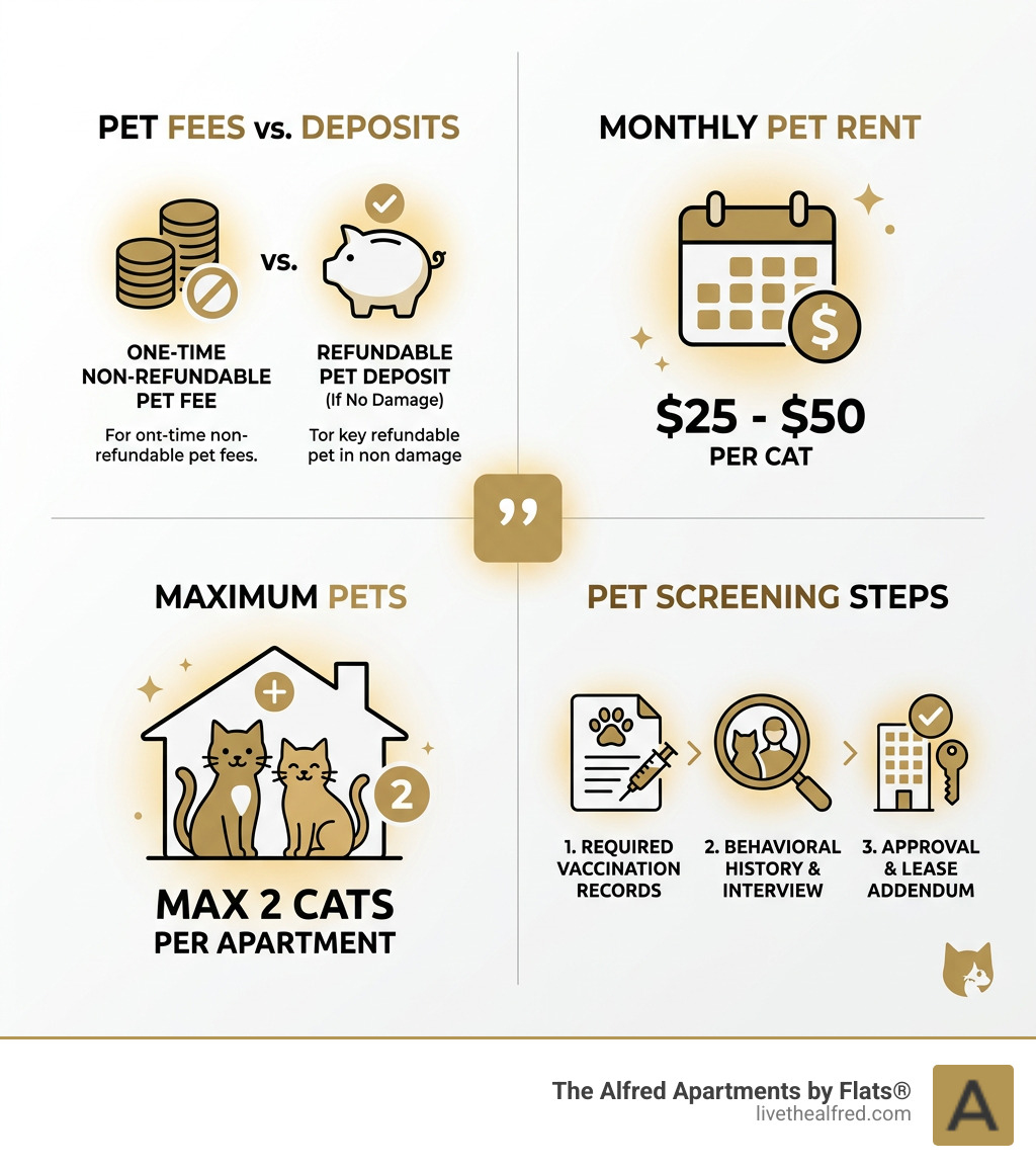 Cat rental policy infographic: pet fees vs deposits, pet rent ranges, max pets, and screening steps - apartments that allow