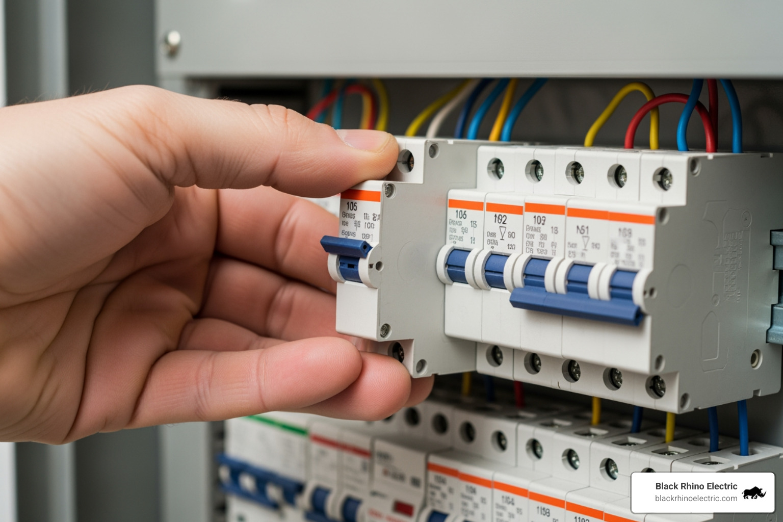 Hand pivoting a faulty circuit breaker out of an electrical panel - changing breaker in panel