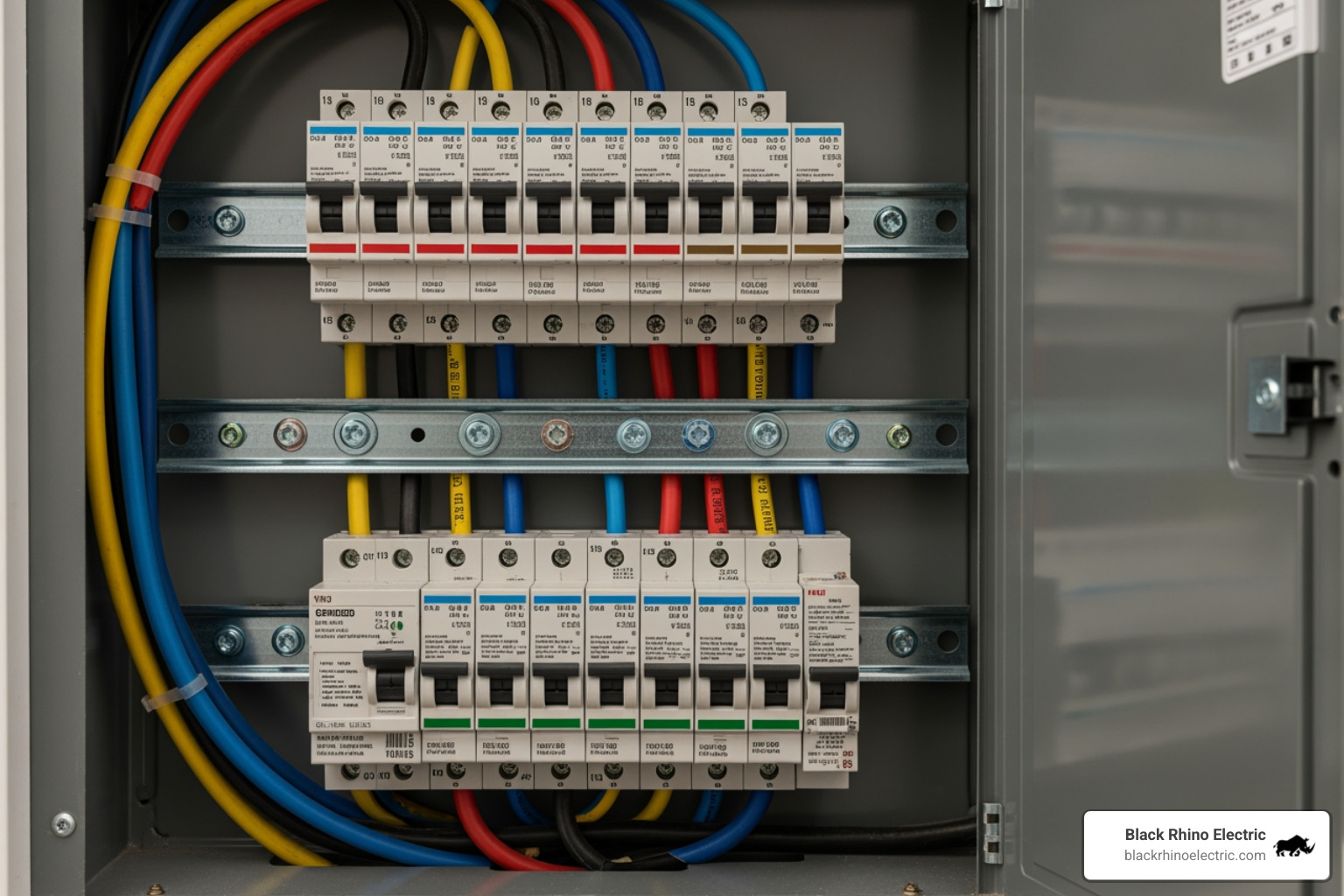 Detailed view of a residential electrical panel with circuit breakers - changing breaker in panel