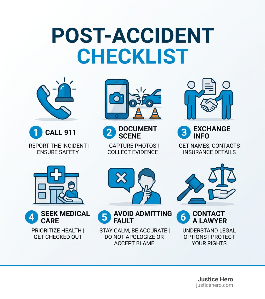 Post-accident checklist infographic: call 911, document scene, exchange info, seek medical care, avoid admitting fault