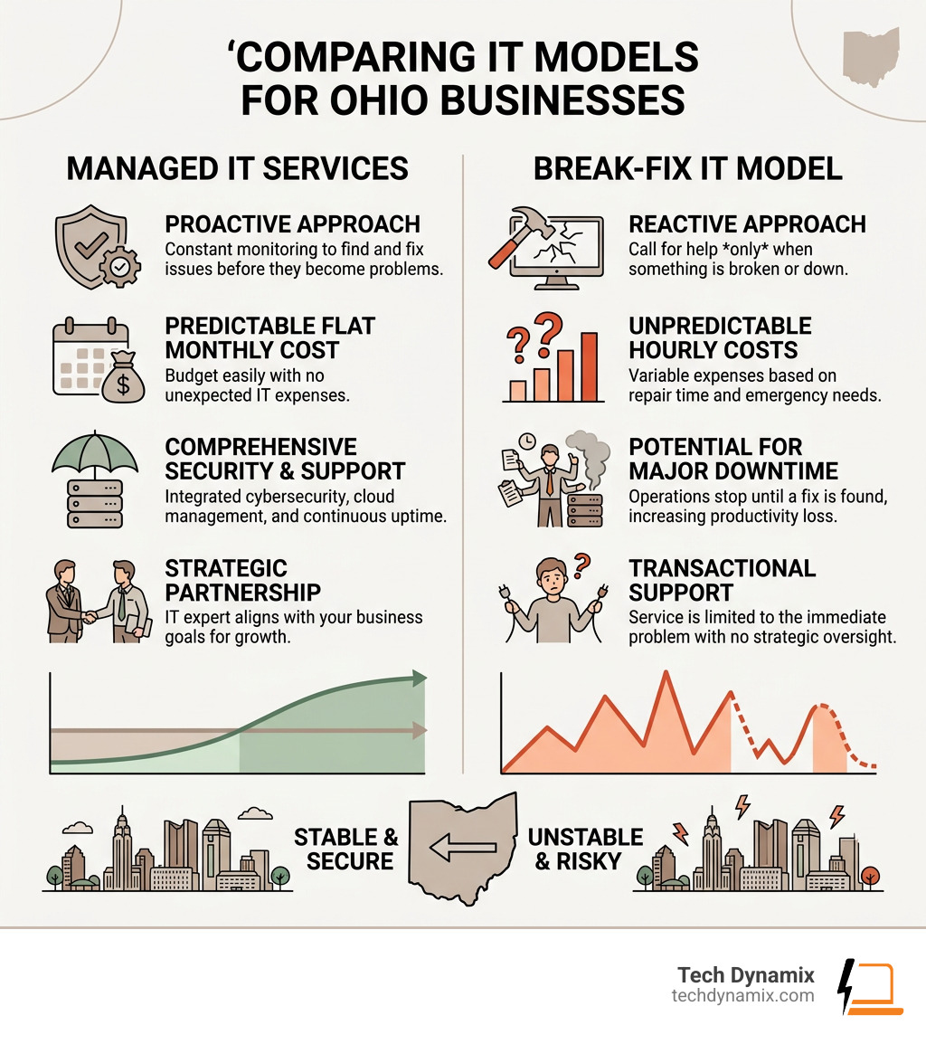 Managed IT vs Break-Fix model comparison infographic for Ohio businesses - IT managed services Ohio infographic 
