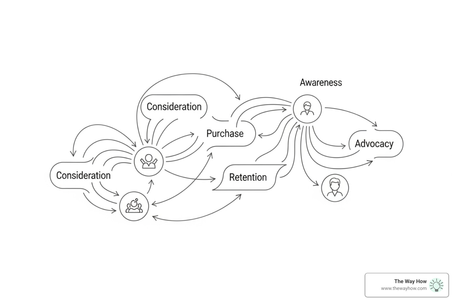 Diagram of a non-linear B2B buyer journey showing multiple touchpoints and feedback loops - B2B sales funnels