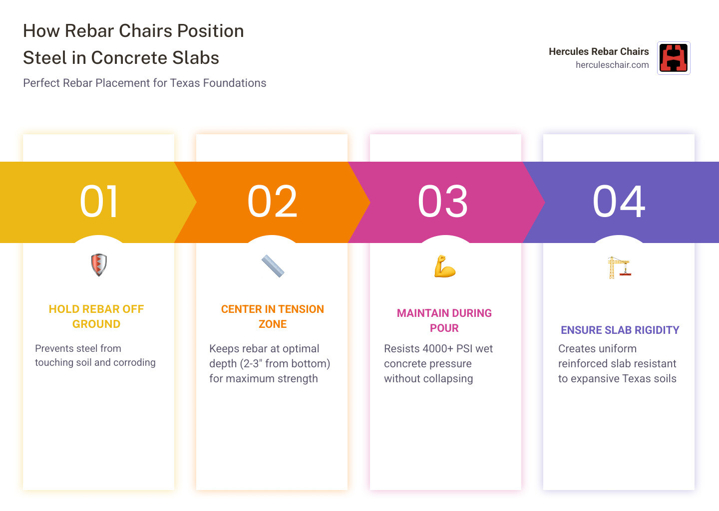 Infographic showing how rebar chairs position steel reinforcement at correct depth inside a concrete slab - rebar chairs