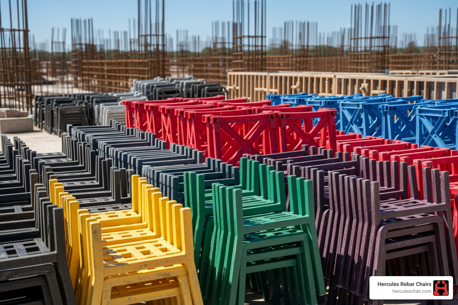 A variety of plastic rebar chairs including H-chairs and high chairs used in Texas construction - rebar chairs Texas