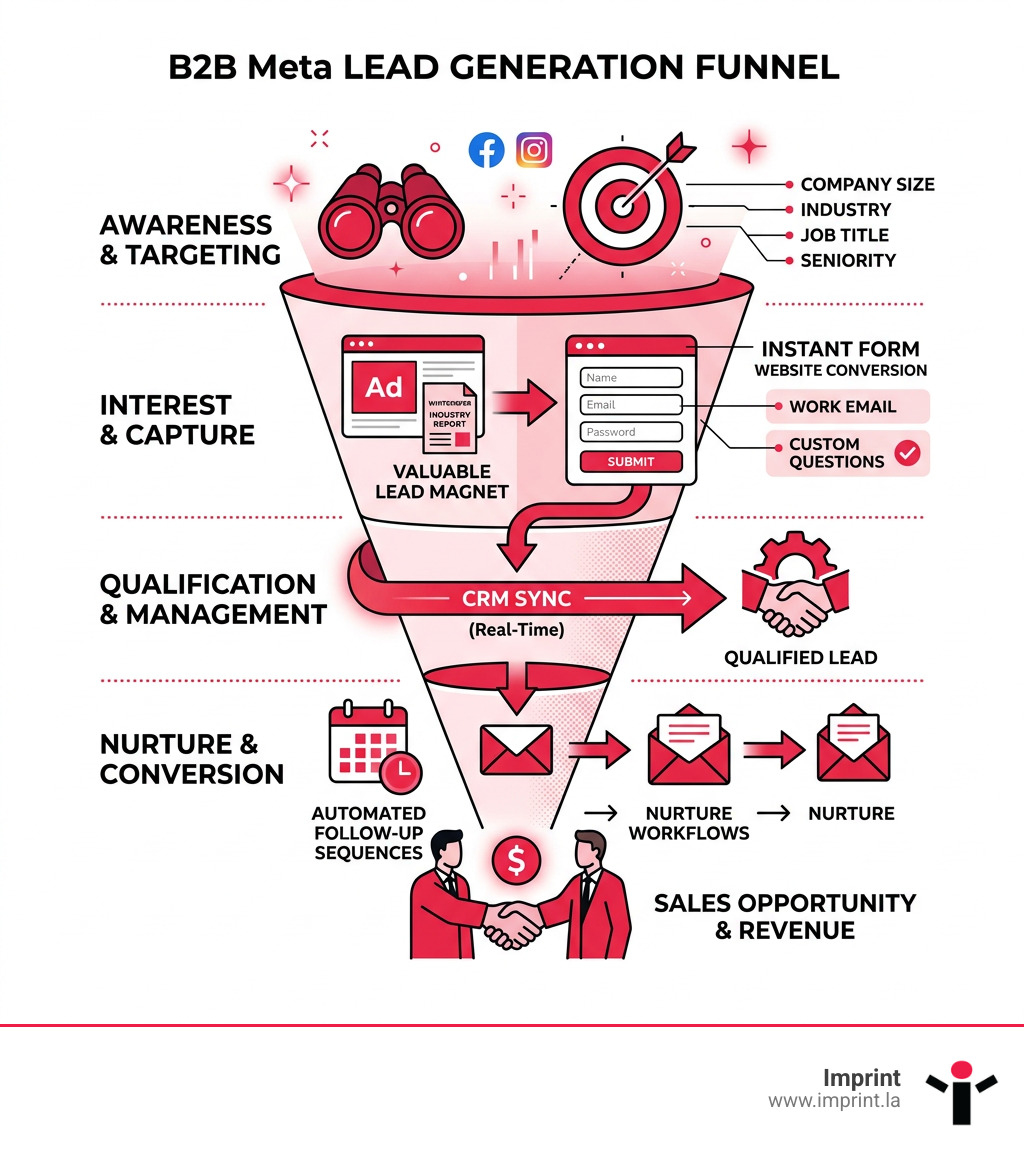 B2B Meta lead generation funnel from awareness to qualified lead, showing targeting, form capture, CRM sync, and nurture B2B Meta lead generation funnel from awareness to qualified lead, showing targeting, form capture, CRM sync, and nurture