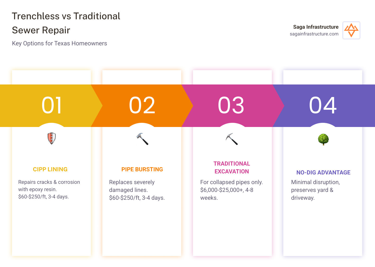 Infographic showing trenchless vs traditional sewer pipe repair options, costs, and timelines in Texas - sewer pipe repair