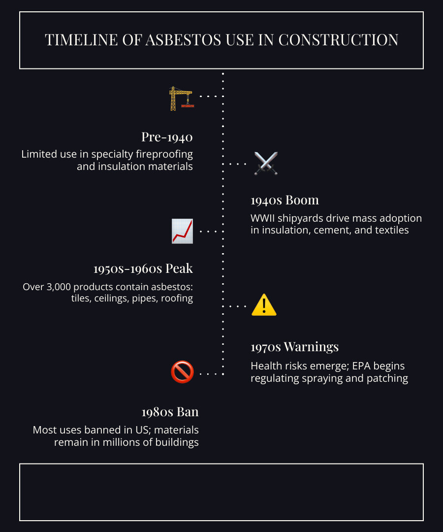 Timeline of asbestos use in construction materials from 1940s to 1970s with key milestones - asbestos inspections