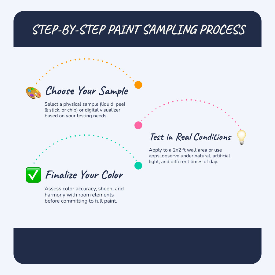 Step-by-step paint sampling process from color chip to final wall color - room color sample infographic Step-by-step paint sampling process from color chip to final wall color - room color sample infographic