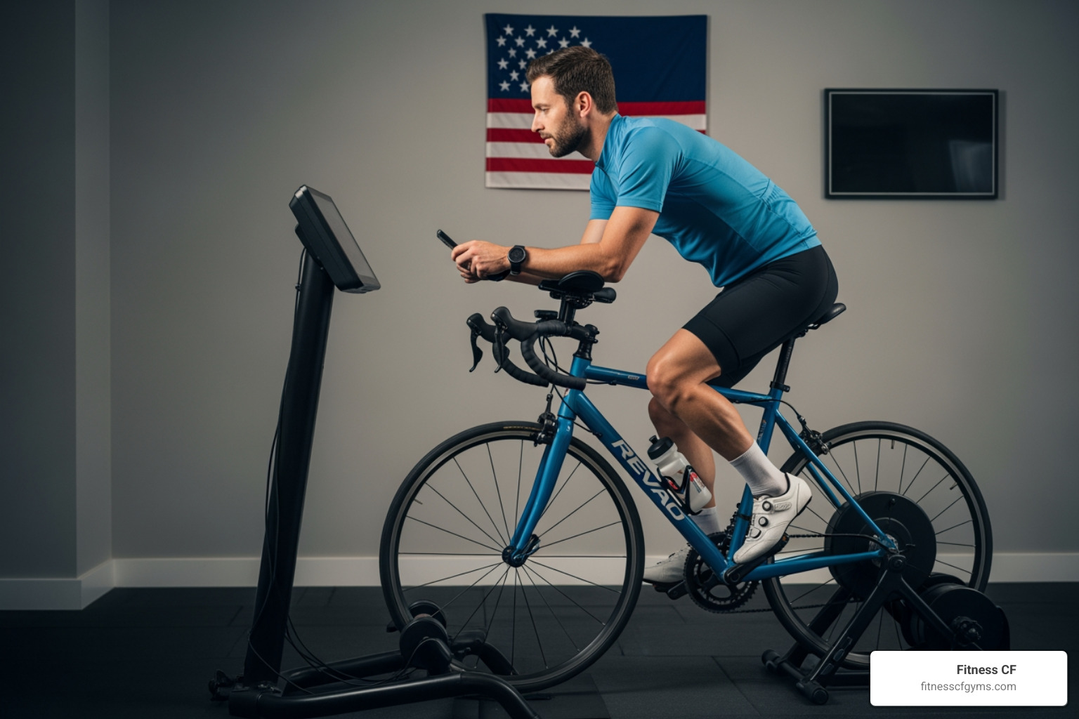 Cyclist in a relaxed posture monitoring a smart trainer during an indoor recovery session - active recovery bike workout