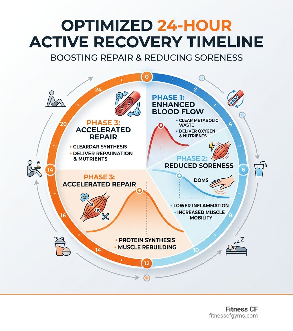 Infographic showing 24-hour active recovery timeline after a hard workout with blood flow, soreness, and repair phases