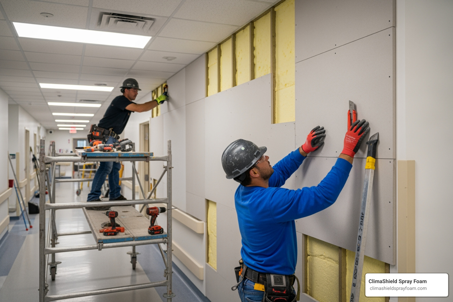 Acoustic wall insulation being installed in a hospital corridor - Insulation for hospitals Acoustic wall insulation being installed in a hospital corridor - Insulation for hospitals
