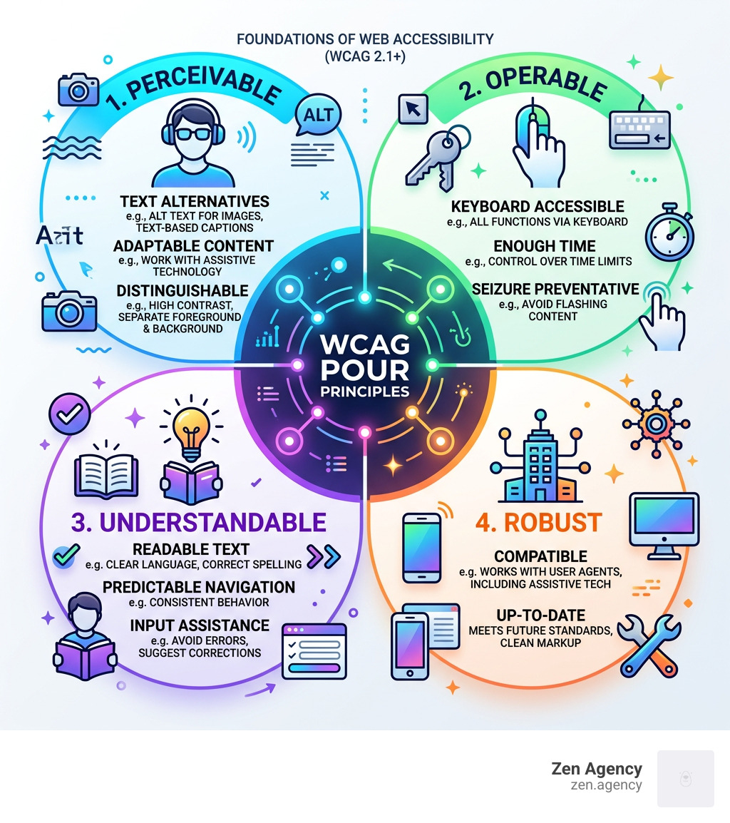 Infographic showing the four WCAG POUR principles: Perceivable, Operable, Understandable, Robust with key requirements under Infographic showing the four WCAG POUR principles: Perceivable, Operable, Understandable, Robust with key requirements under