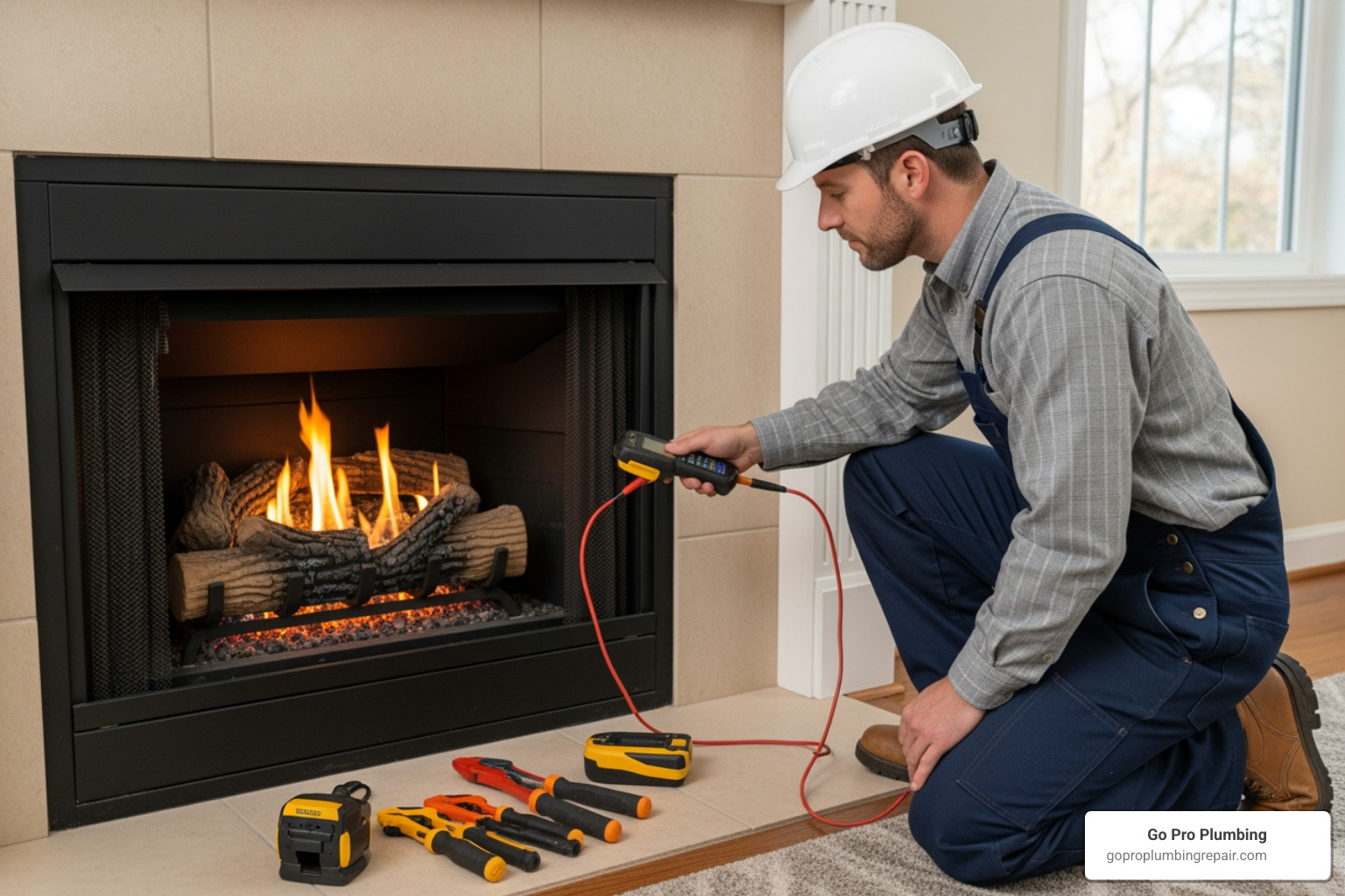 Licensed technician testing gas fireplace connections for leaks with electronic detector - adding gas line to fireplace