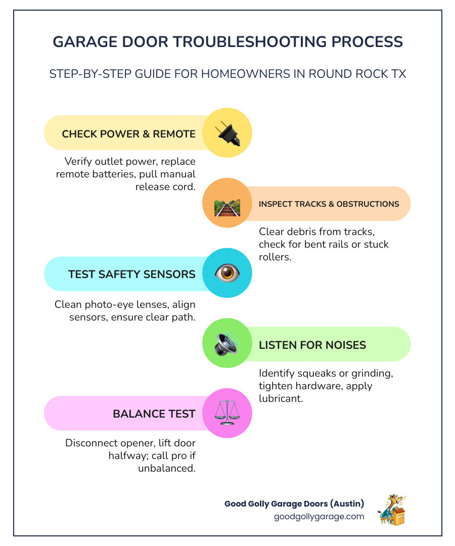 Infographic showing step-by-step garage door troubleshooting process for Round Rock TX homeowners - Garage Door Repair Infographic showing step-by-step garage door troubleshooting process for Round Rock TX homeowners - Garage Door Repair