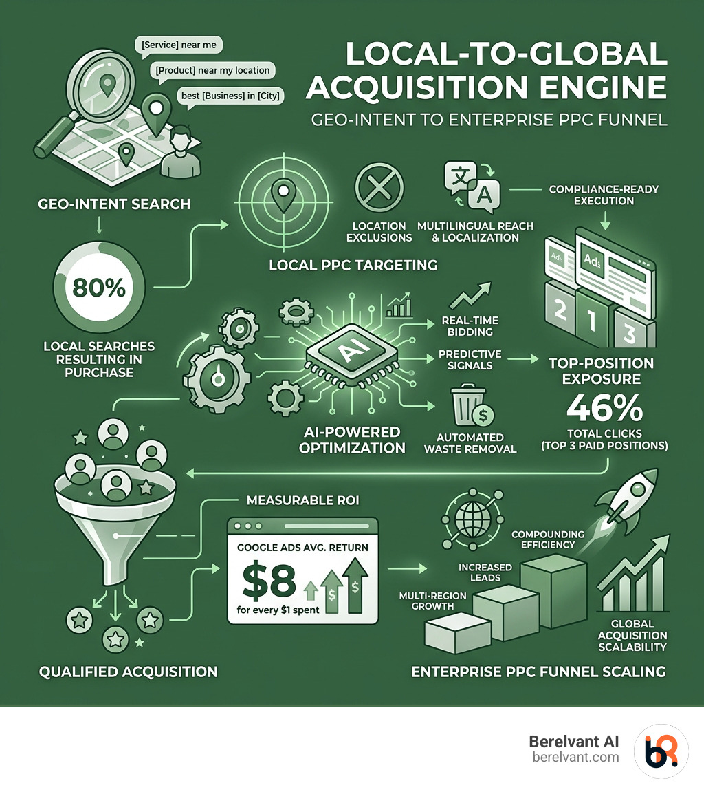 Local-to-global acquisition engine showing geo-intent to enterprise PPC funnel with key performance metrics - ppc