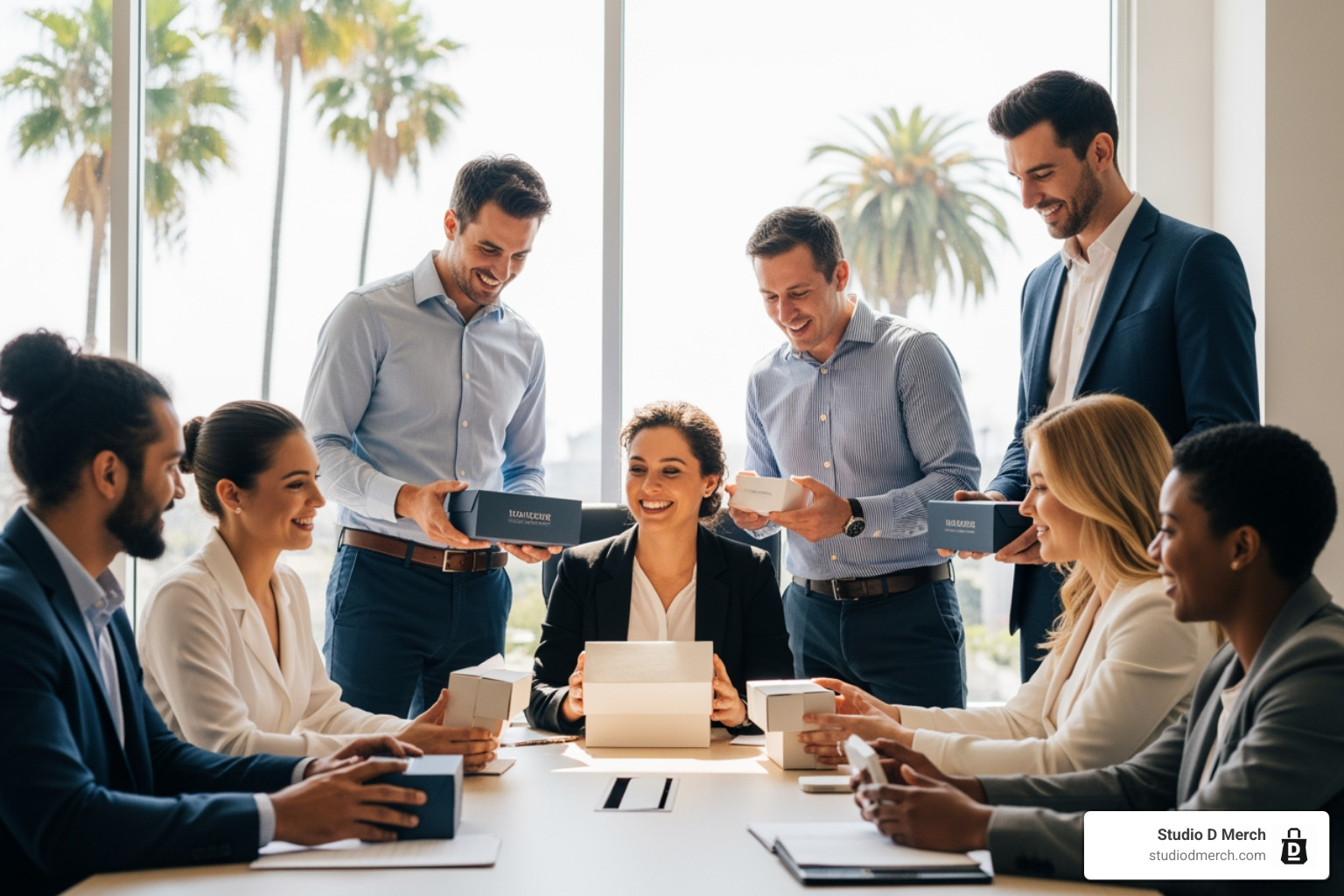 Professional team in a Southern California office celebrating a milestone with custom gift boxes - Corporate gifting