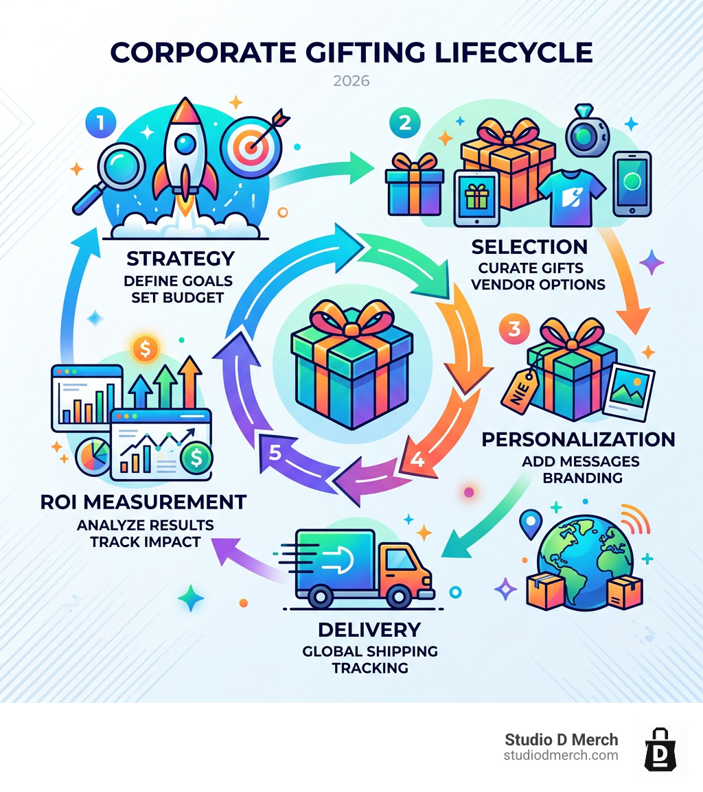 Corporate gifting lifecycle infographic showing strategy, selection, personalization, delivery, and ROI measurement