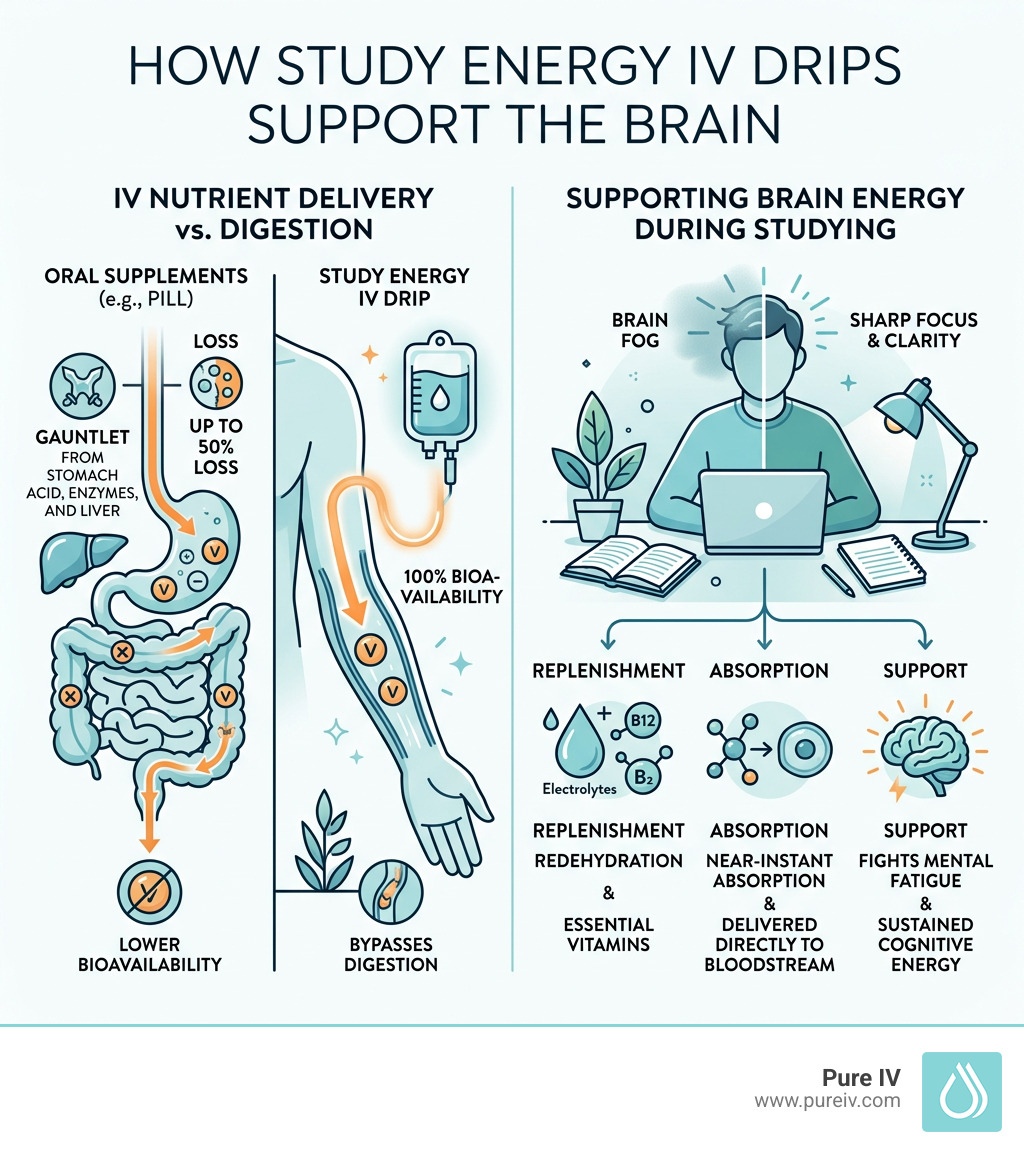 How IV nutrients enter the bloodstream and support brain energy during studying - study energy iv drip infographic 