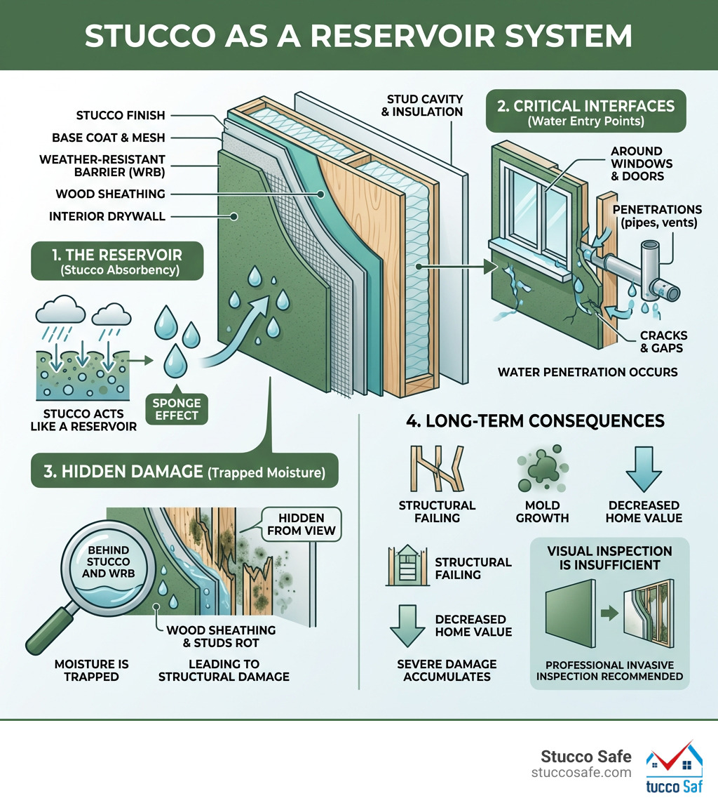infographic showing stucco as a reservoir system with water penetration and moisture damage behind walls - royersford pa infographic showing stucco as a reservoir system with water penetration and moisture damage behind walls - royersford pa