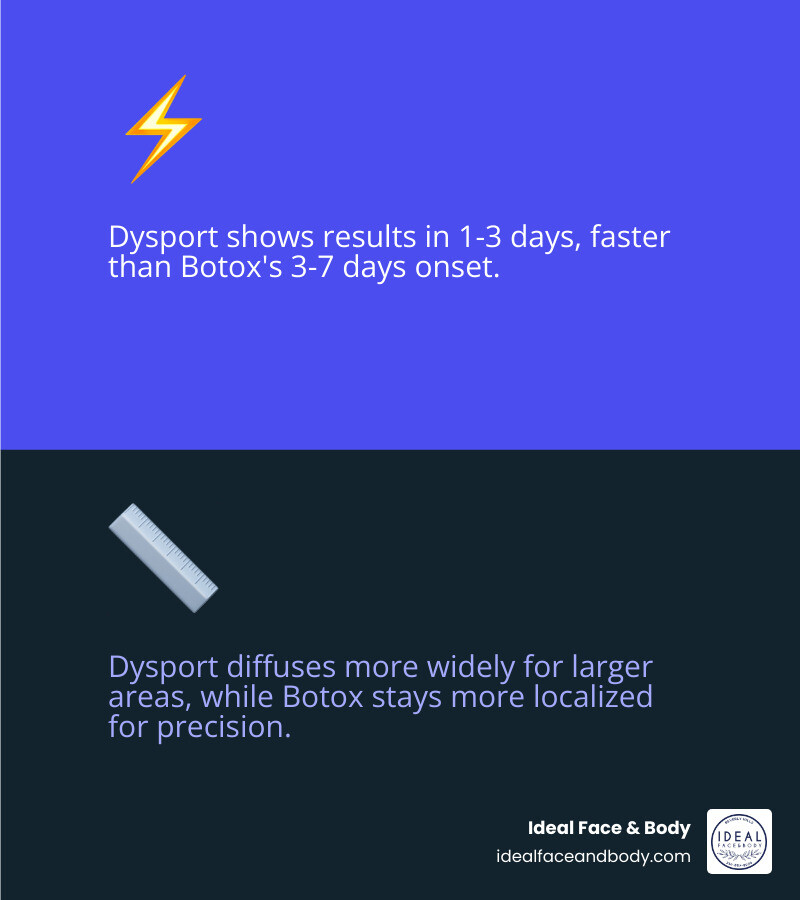 Side-by-side comparison infographic: Dysport vs Botox onset, duration, diffusion, and best treatment areas - dysport vs Side-by-side comparison infographic: Dysport vs Botox onset, duration, diffusion, and best treatment areas - dysport vs