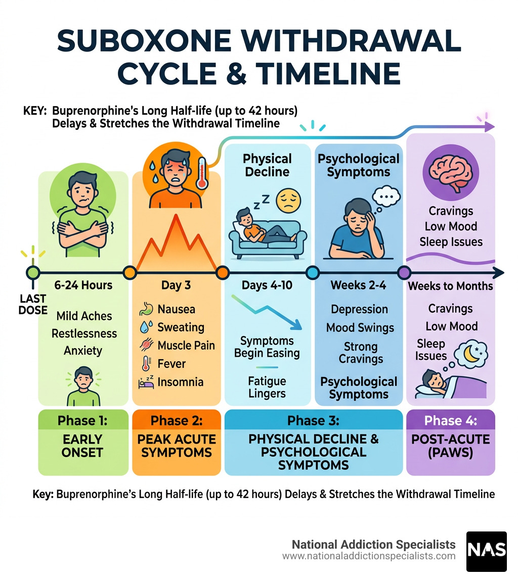 Suboxone withdrawal cycle infographic showing onset, peak, and post-acute phases with timeline - how long does suboxone