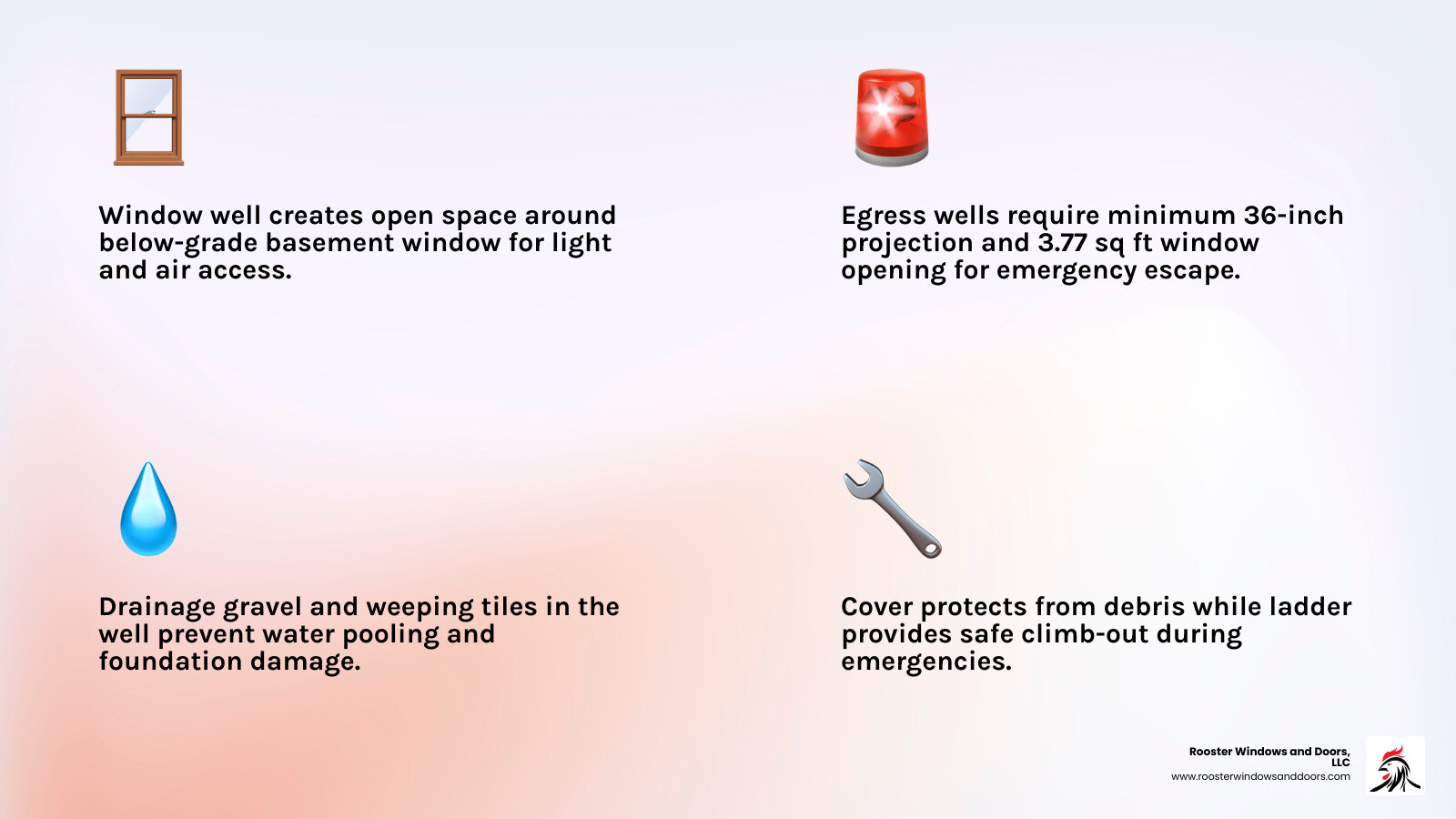 diagram showing components of a basement window well system including well, drainage gravel, cover, and egress ladder