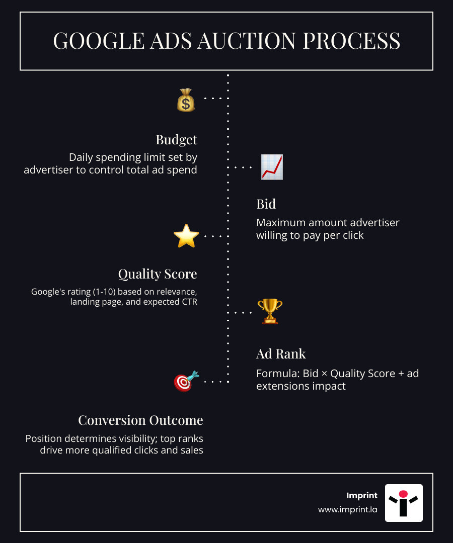 Infographic showing Google Ads auction process: budget, bid, quality score, ad rank, and conversion outcome - google ads Infographic showing Google Ads auction process: budget, bid, quality score, ad rank, and conversion outcome - google ads