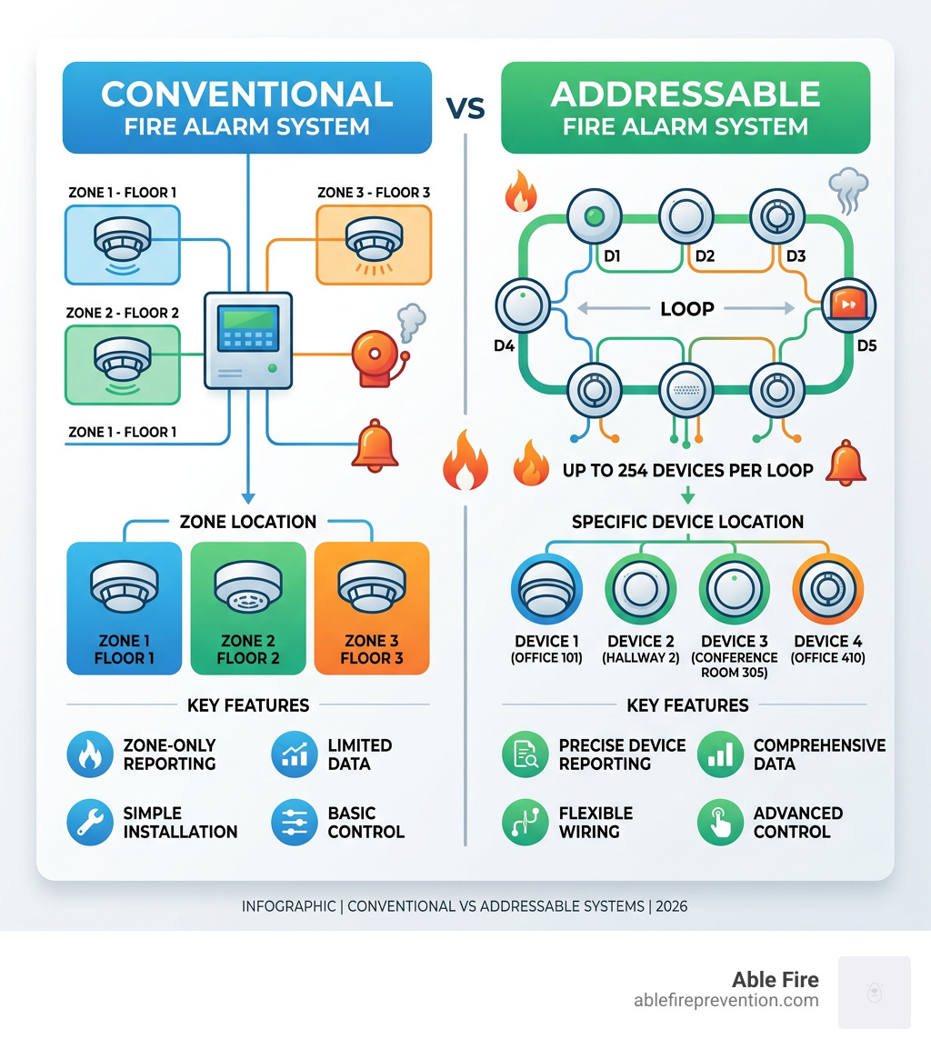 Infographic comparing conventional vs addressable fire alarm systems with loop capacity and key features - addressable fire