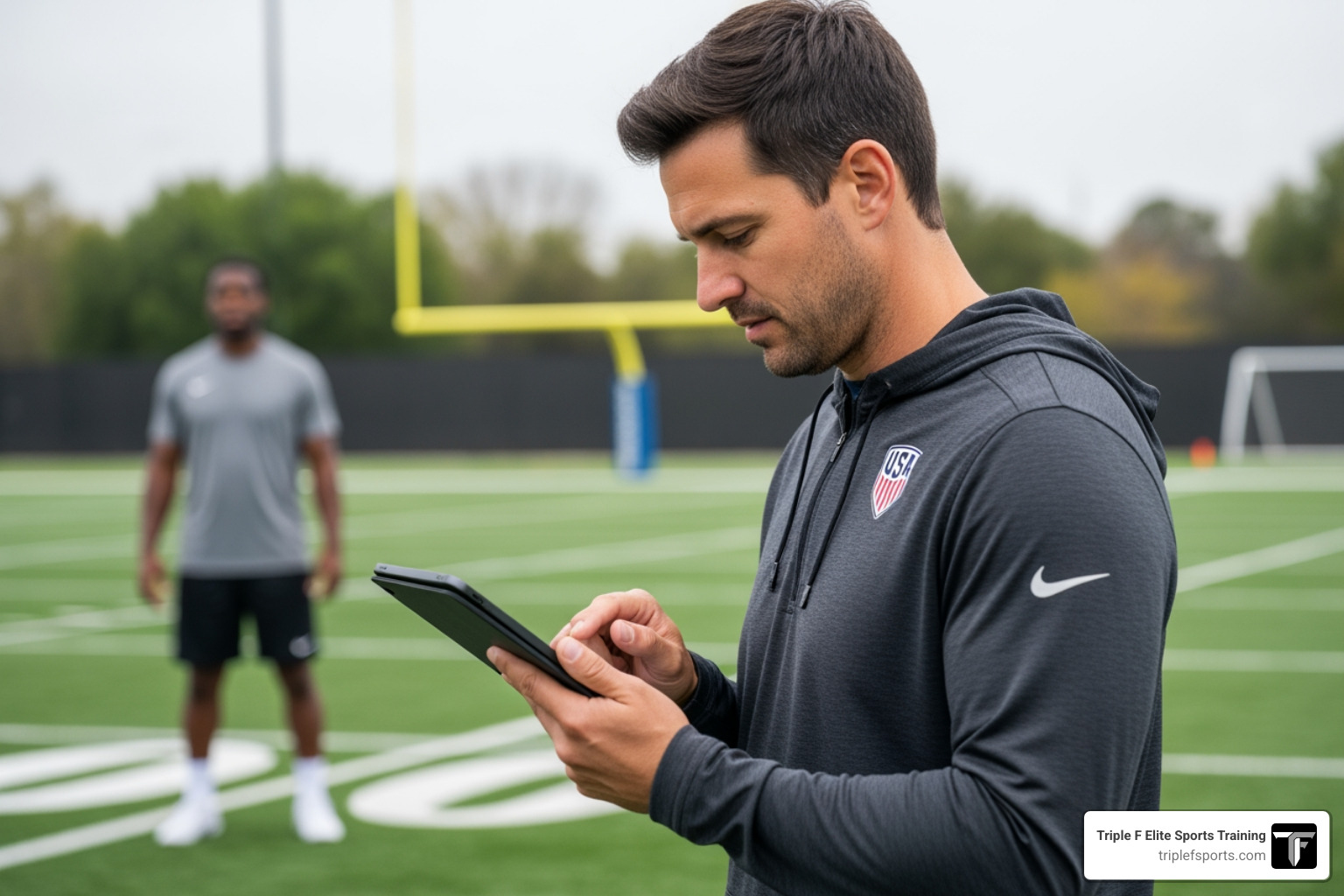 Modern coaching technology in use with a coach analyzing performance data on a tablet - professional sports coaching Modern coaching technology in use with a coach analyzing performance data on a tablet - professional sports coaching