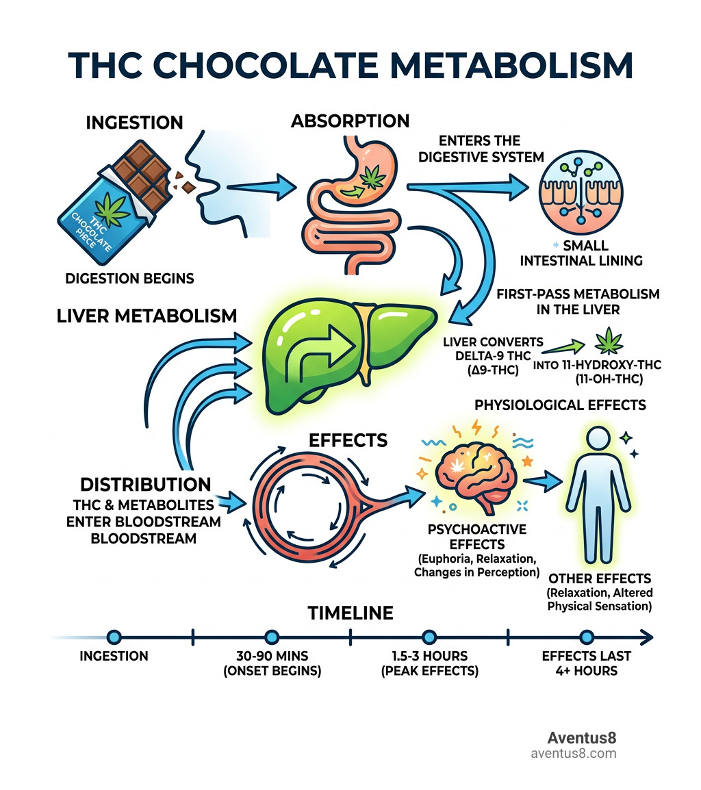 Infographic showing how THC chocolate is metabolized in the body from ingestion to liver to effects - thc infused chocolate